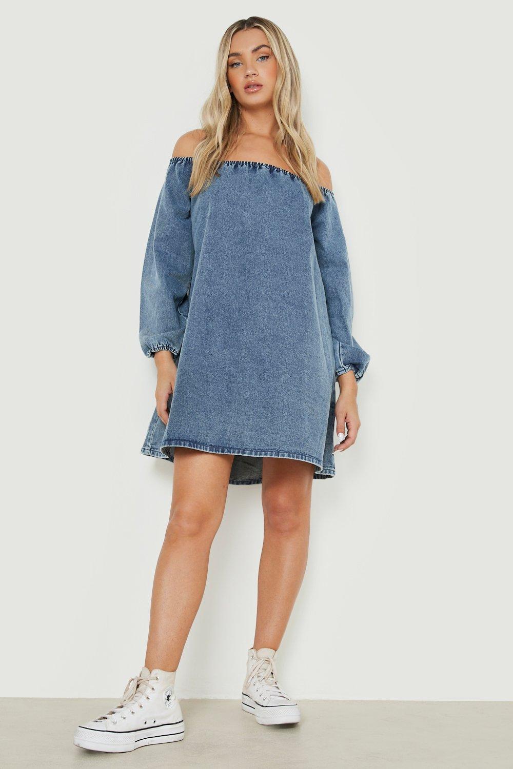 Off the shoulder denim dress boohoo deals